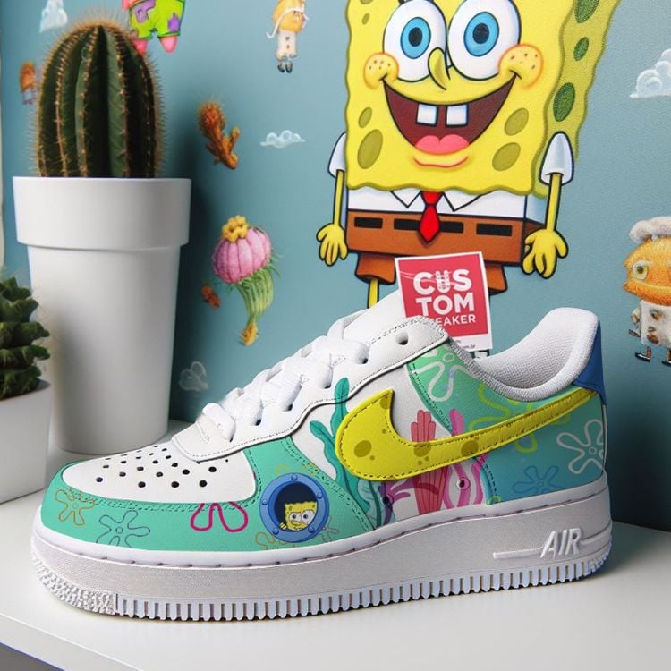 Tênis branco customizado com cores e desenho do Bob Esponja, que também estampa a parede ao fundo