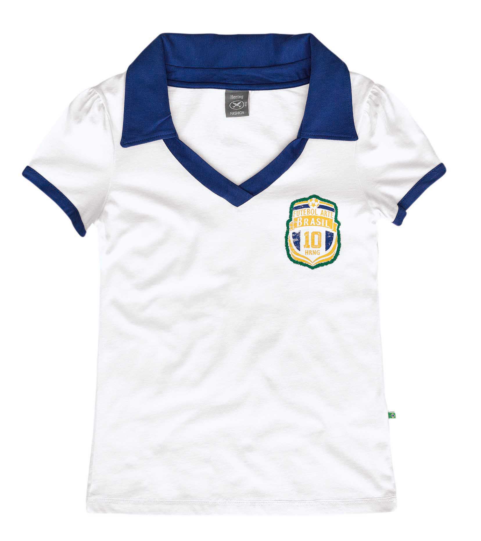 Camiseta polo nas cores branca e azul, tema Brasil.