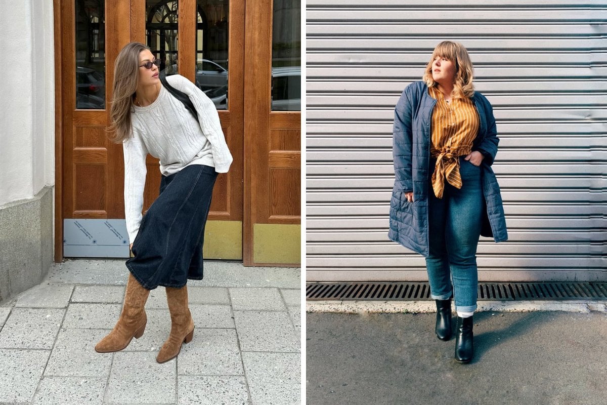 Montagem com duas fotos que aparecem na matéria: mulher de pele clara usando suéter, calça midi jeans e bota western marrom e outra d emulher de pele clara usando camisa amarela, puffer e calça jeans