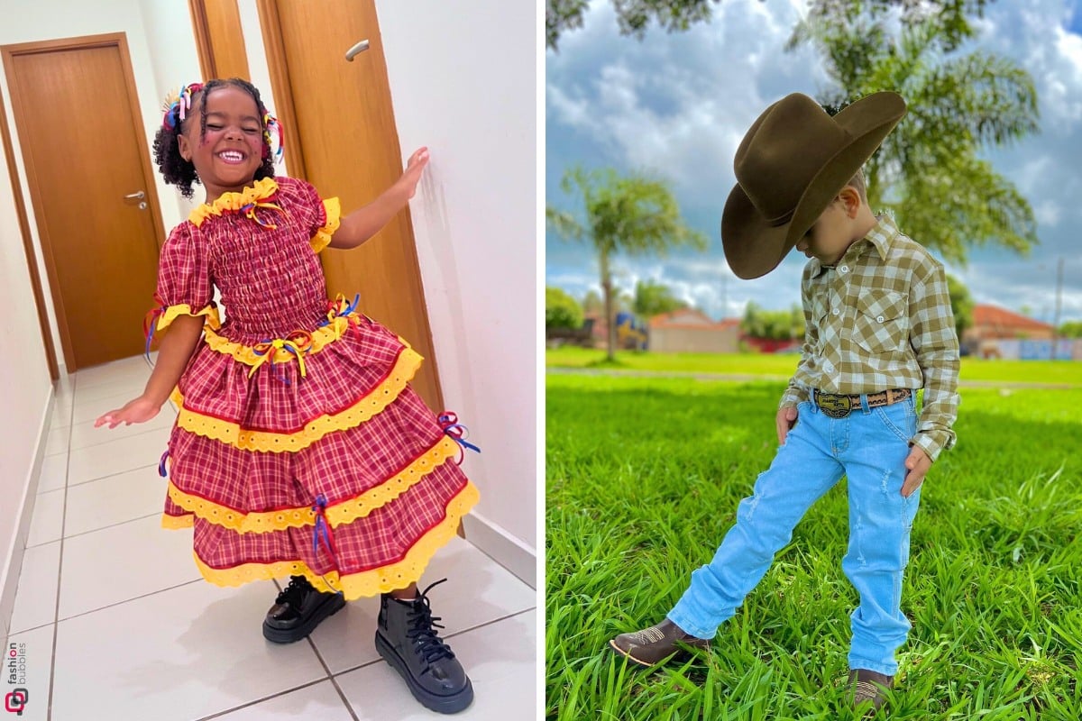 Menina e menino fantasiados para quadrilha estilo country infantil