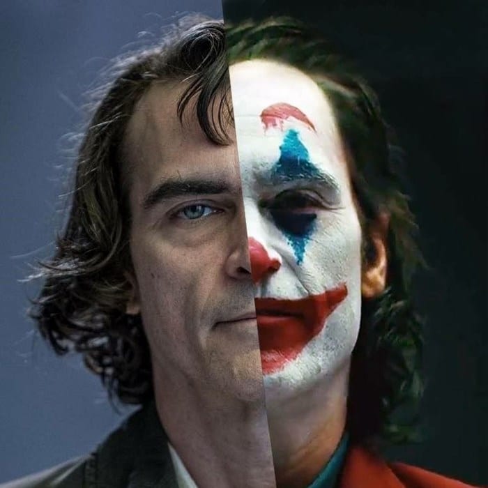 Montagem com foto de Joaquin Phoenix sem e com maquiagem de Coringa