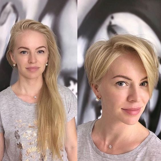Montagem antes e depois mostrando corte de cabelo curto