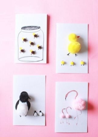 Ideias de cartões para o Dia das Mães de animais com pompons