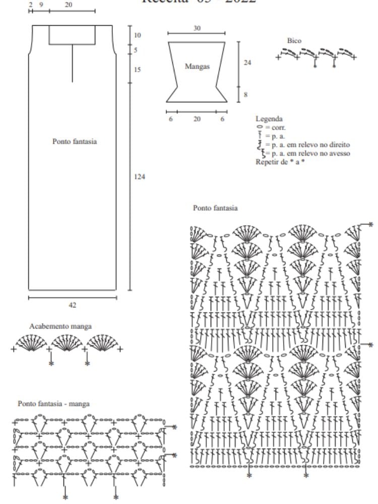 A imagem contém vários diagramas e textos relacionados a padrões de crochê. Há quatro seções principais na imagem, cada uma mostrando um aspecto diferente do design de crochê