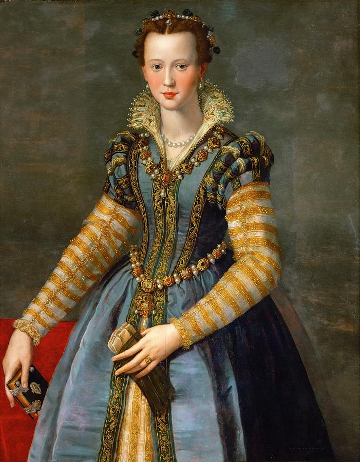 Maria de Médicis, segunda esposa de Henrique IV usando vestido glamuroso azul e dourado, com muitos acessórios