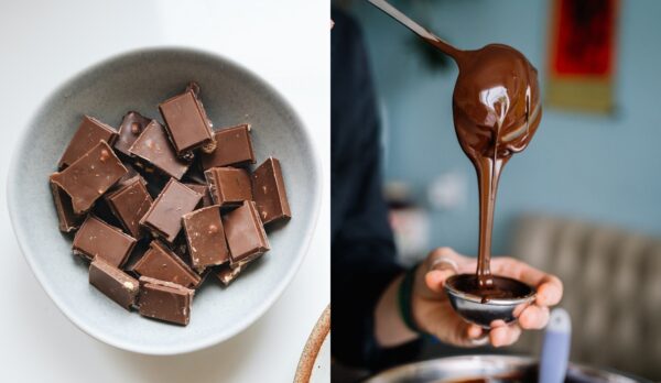 Foto de chocolate em barra e derretido.