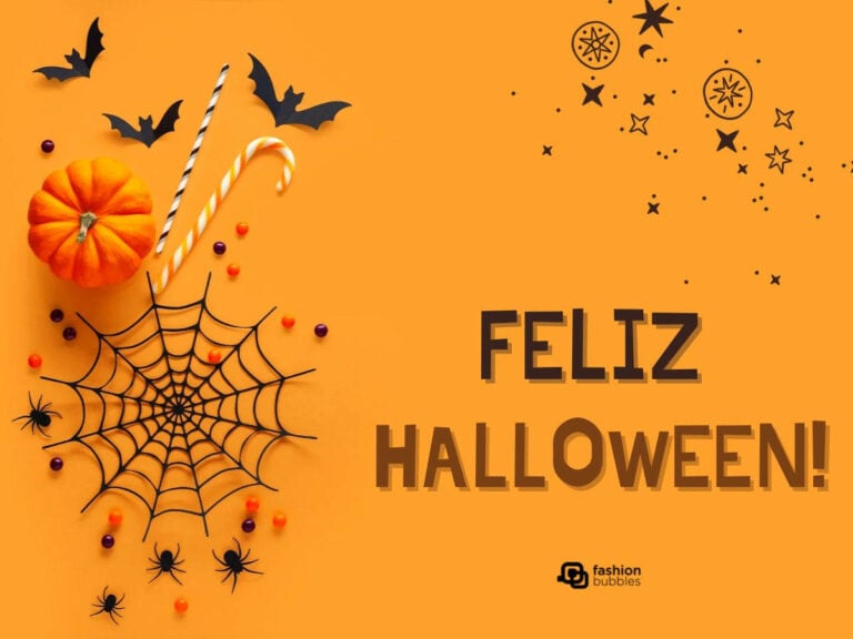 Destaque das frases de Halloween desejando Feliz Halloween com elementos como teia de aranha, morcego e abóbora em um fundo laranja