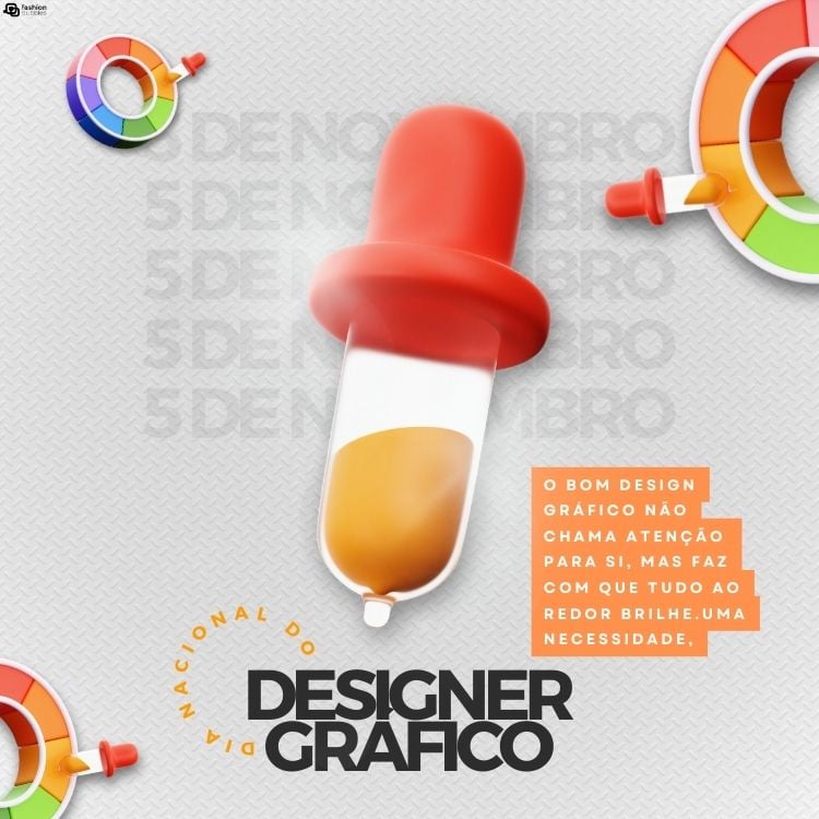 Cartão virtual com círculos de cores, conta gotas, repetidas frases "5 de novembro" ao fundo e frase " O bom design gráfico não chama atenção para si, mas faz com que tudo ao redor brilhe." com fundo laranja 