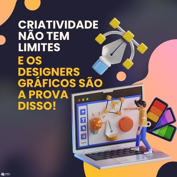 Cartão virtual de fundo roxo e rosa com frase "Criatividade não tem limites – e os designers gráficos são a prova disso!" e desenho de computador com designer gráfico 