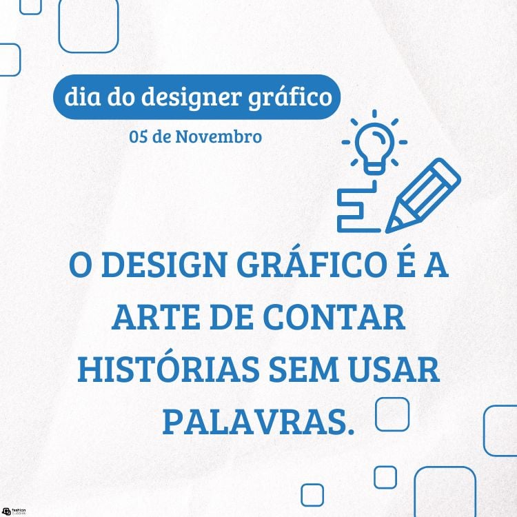 Cartão virtual de fundo off white com frase "O design gráfico é a arte de contar histórias sem usar palavras." e desenho de lâmpada e lápis 