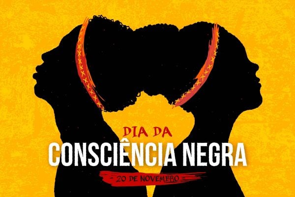 Desenho de pessoas negras com a frase "Dia da Consciência Negra 20 de novembro".