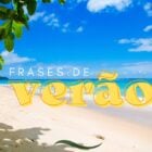 Foto de paisagem de areia, mar e coqueiros com frase "frases de verão"