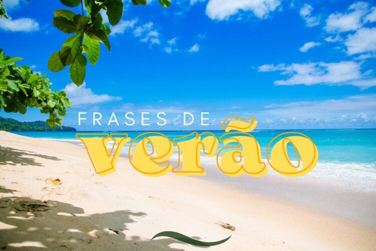 Foto de paisagem de areia, mar e coqueiros com frase "frases de verão"