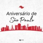 Escrito "Aniversário de São Paulo" com desenho de prédios e construções da cidade paulista.