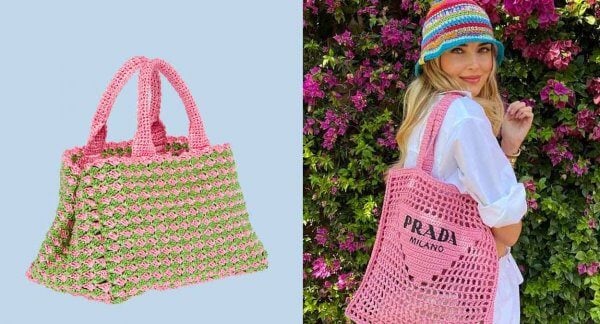 borsa in fettuccia di lycra tortora e ciclamino  Bolsa de mão de crochê,  Bolsas de crochê, Bolsas