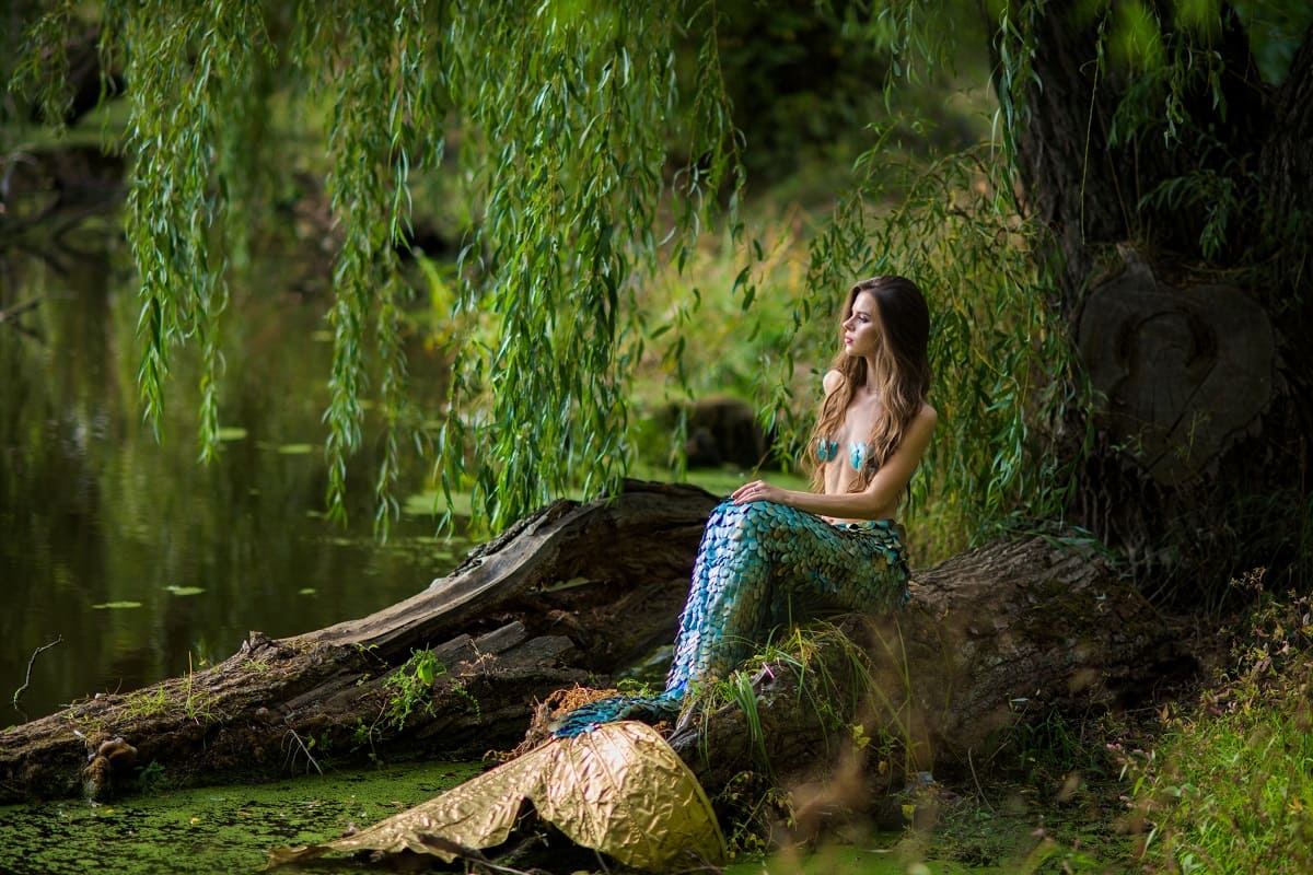 Foto de uma mulher sentada no tronco de uma árvore. Ela está fantasiada de sereia e sua causa é uma mistura de tons azuis