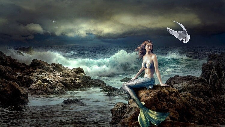 sereia sentada em uma pedra em frente ao mar