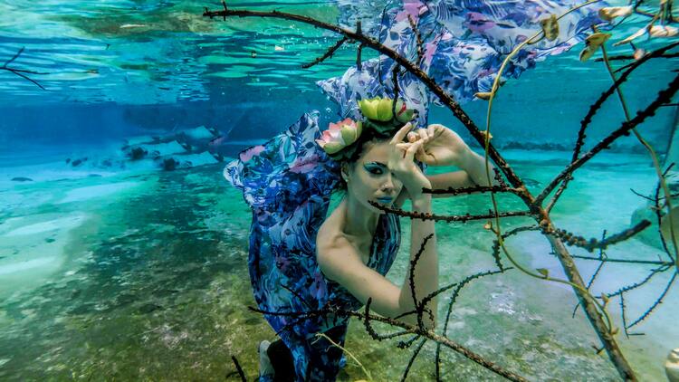 mulher com flores na cabeça nadando ao lado de galhos