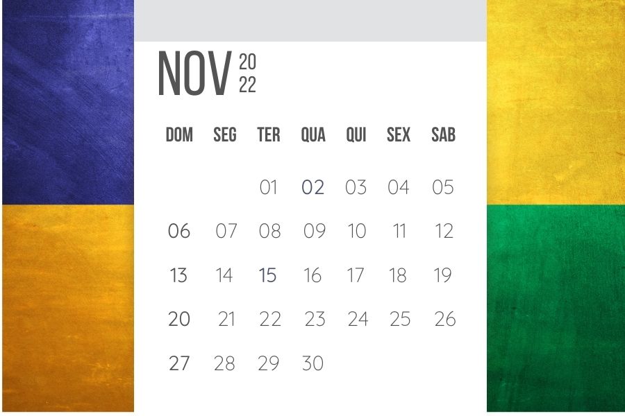 Calendário de novembro de 2022 com feriados nacionais fases da lua