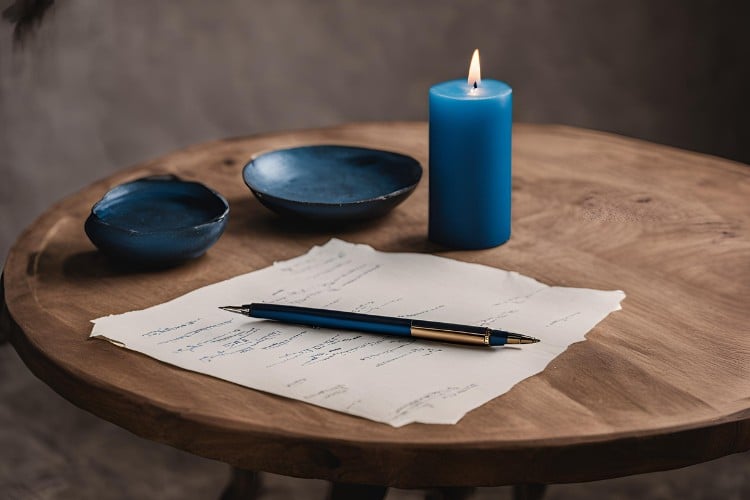 Mesa de madeira com dois potes azuis, vela azul, caneta e papel com escritos 