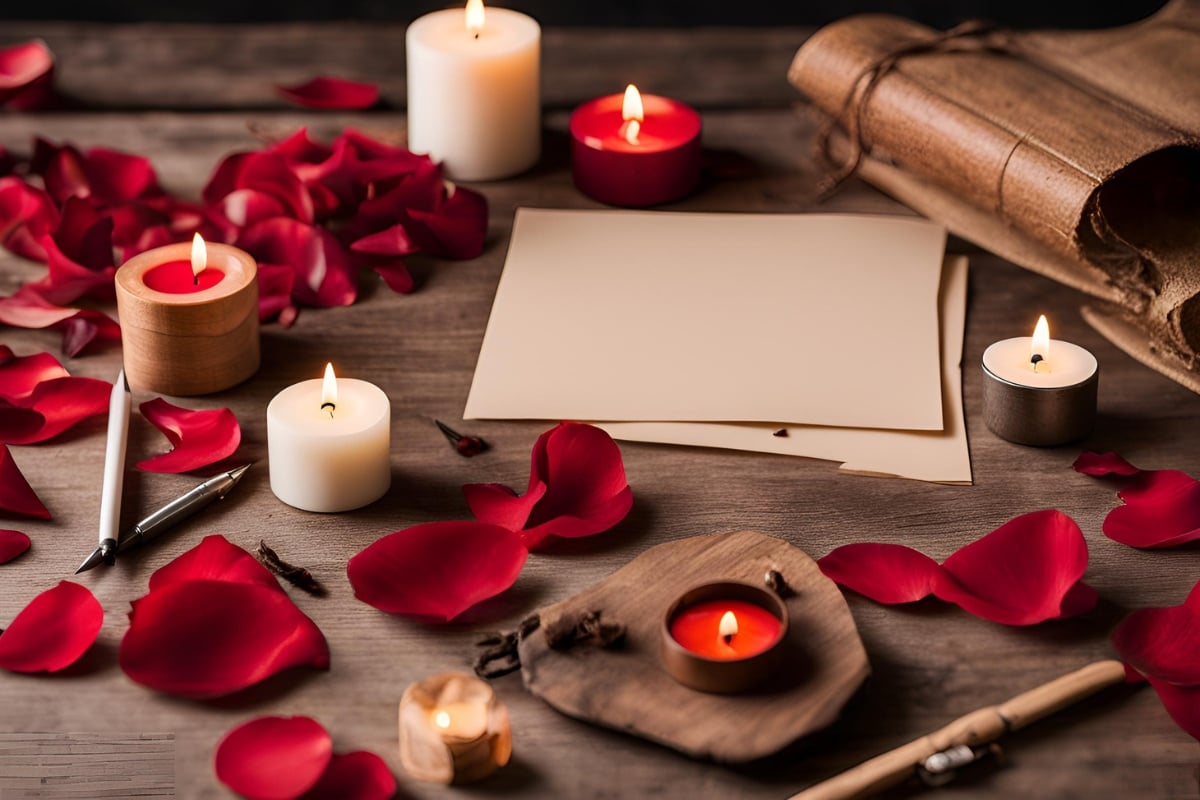 Foto de mesa com velas brancas e vermelhas, pétalas de rosas vermelhas, papéis, canetas