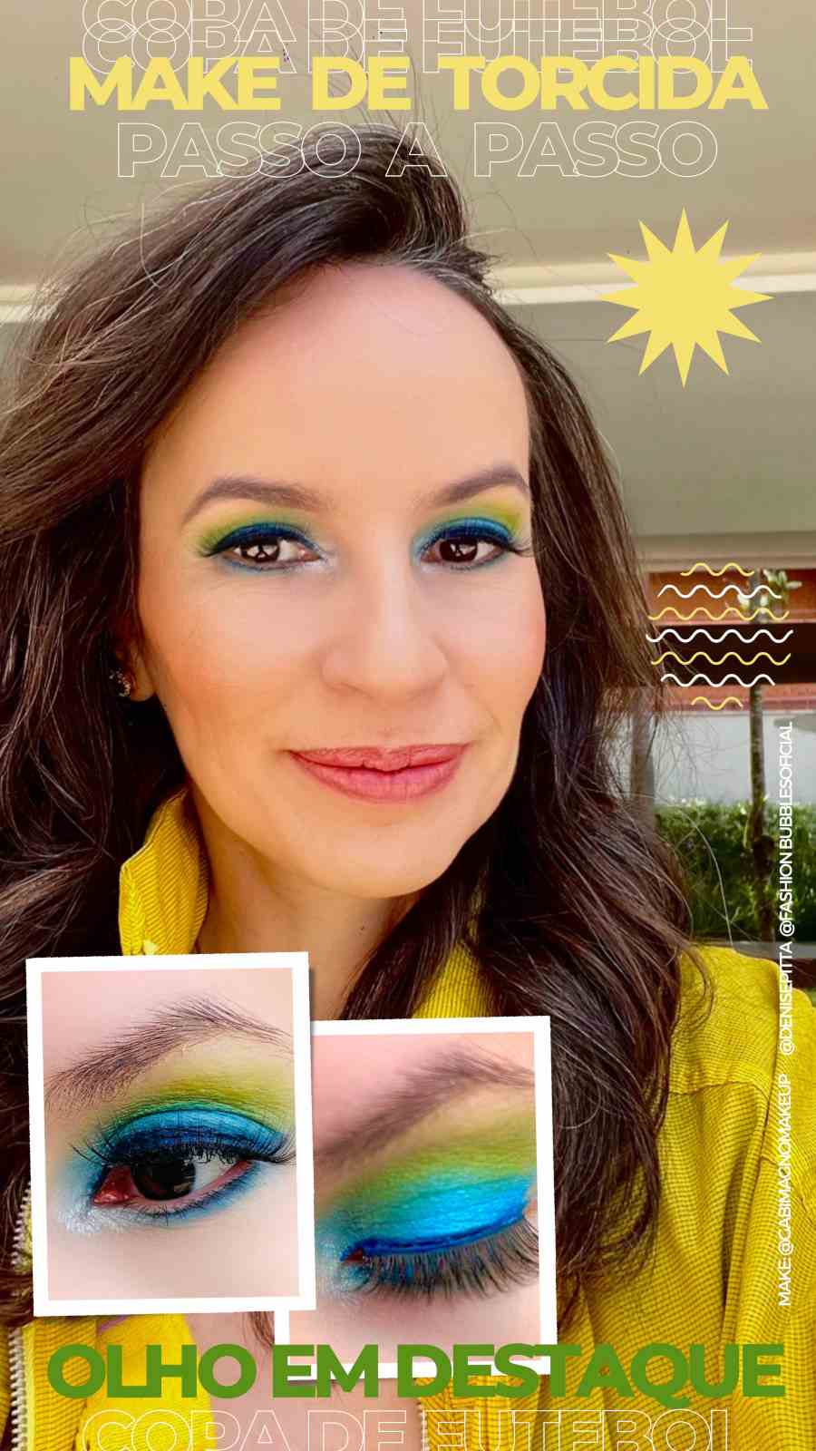 Foto de Denise Pitta maquiada com maquiagem Brazilcore e fotos em destaque no canto de seus olhos.