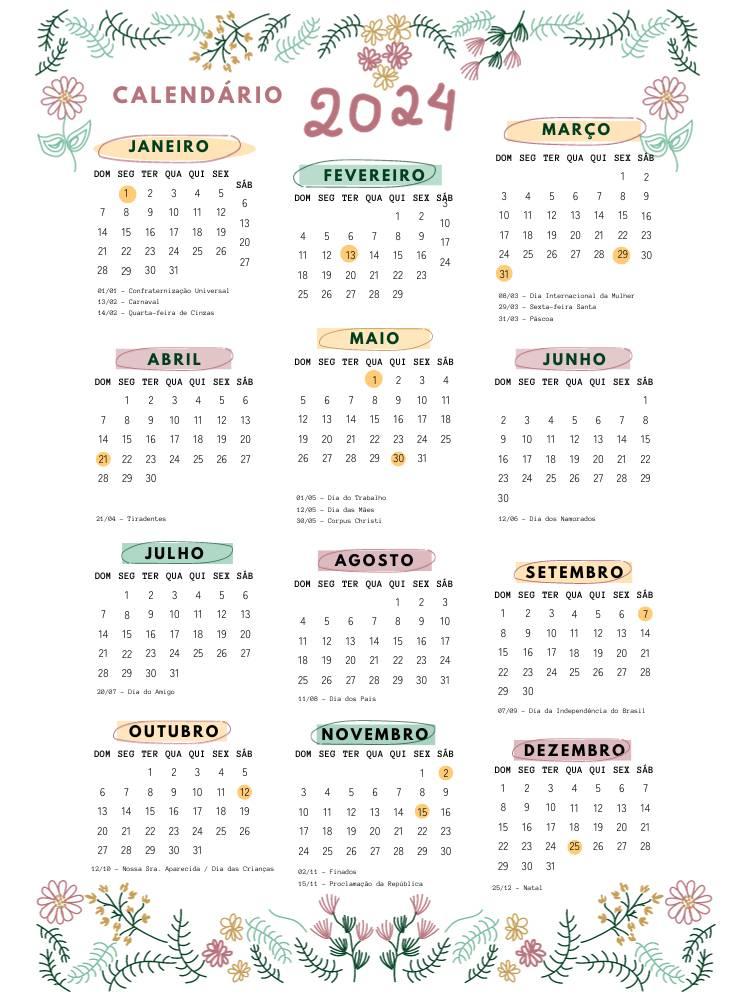 Calendário 2024 feriados, datas comemorativas e ideias de posts