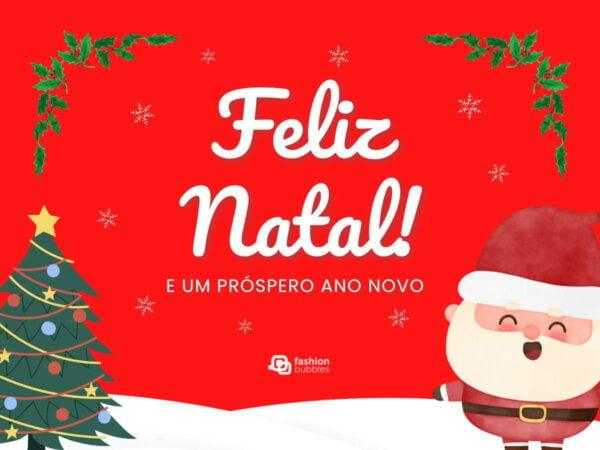 Ilustração de Natal com imagem de Papai Noel, Árvore de Natal e neve