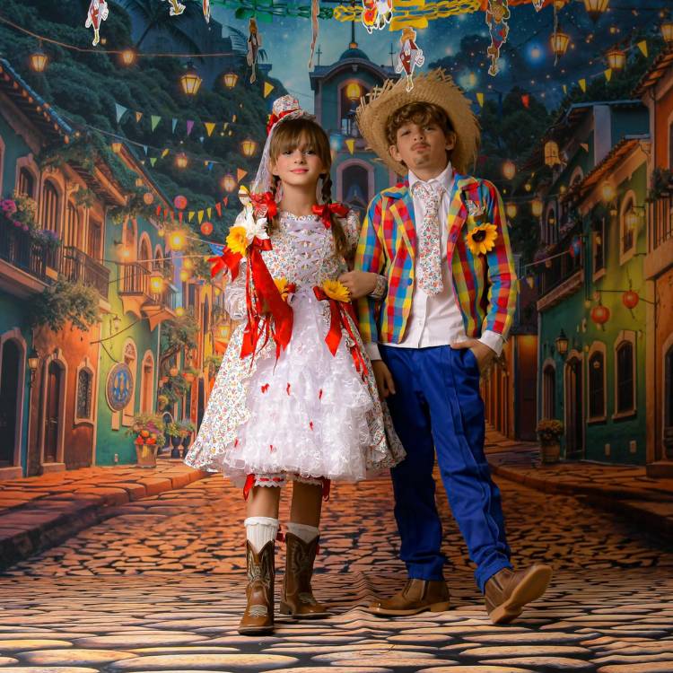 Menino e menina usando trajes juninos, com botas e adereços 