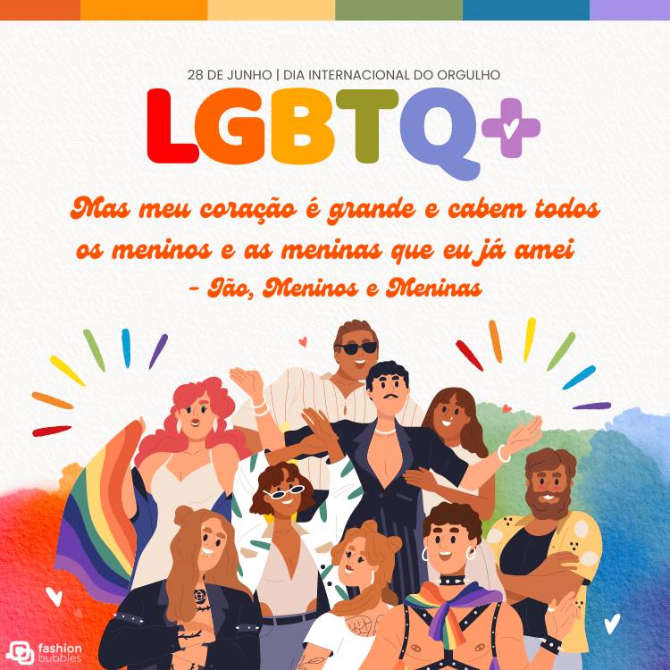 Cartão virtual de fundo bege com desenho de diversas pessoas LGBTQIAPN+, com cores da bandeira