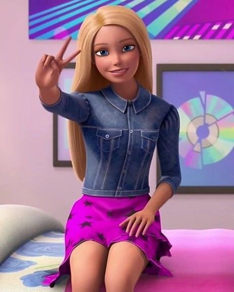 Personagem Barbie Robert sentada na cama fazendo sinal de paz e amor com a mão