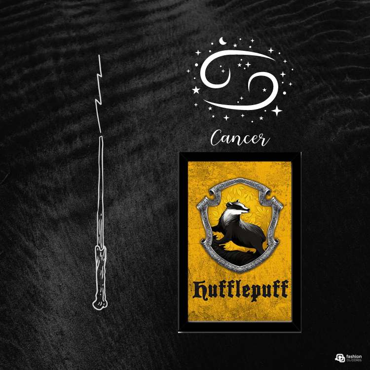 Montagem com fundo preto e desenho de varinha de Harry Potter, signo Câncer e imagem da casa Lufa-Lufa
