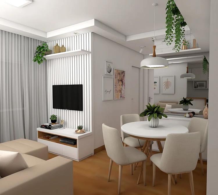 foto de sala integrada com sala de jantar, apartamento em cores claras, branco e cinza