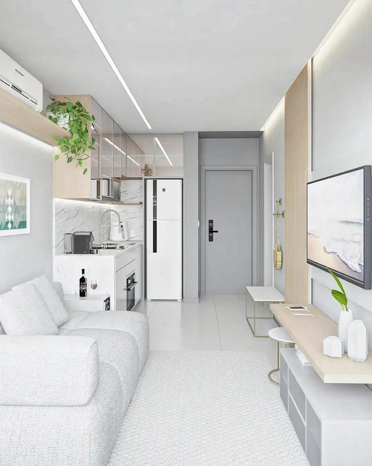 foto de sala e cozinha em apartamento pequeno, tons de branco e cinza claro