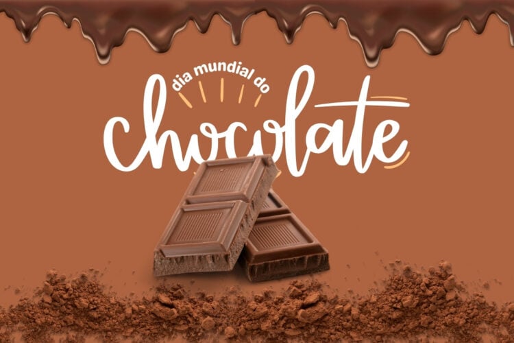 Montagem de fundo marrom com chocolate derretido, chocolate em pó, chocolate em barra e frase "dia mundial do chocolate"
