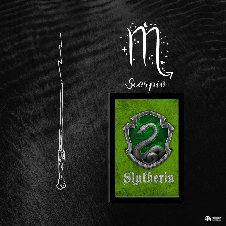 Montagem com fundo preto e desenho de varinha de Harry Potter, signo Escorpiãoe imagem da casa Sonserina