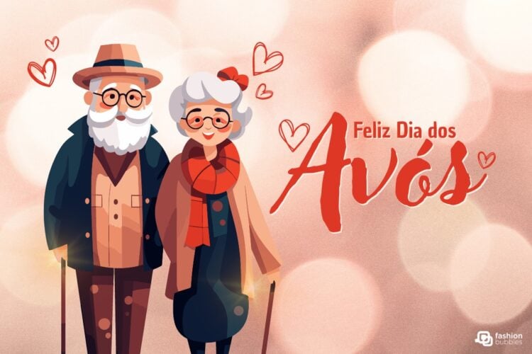 Feliz Dia dos Avós escrito em fundo bege iluminado com desenho digital de casal de vovôs velhinhos