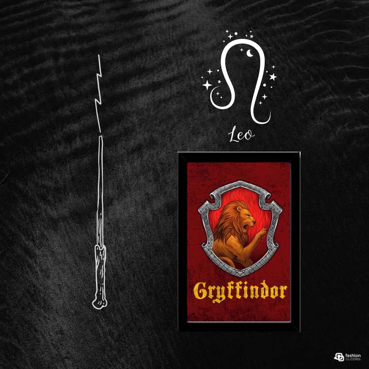 Montagem com fundo preto e desenho de varinha de Harry Potter, signo Leãoe imagem da casa Grifinória