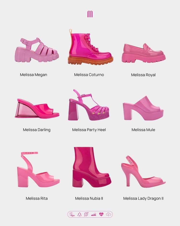 9 sapatos diferentes melissa da barbie, todos rosa
