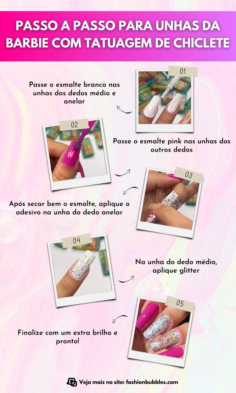 Montagem de 5 passos ensinando a fazer unhas da Barbie com adesivo de chiclete