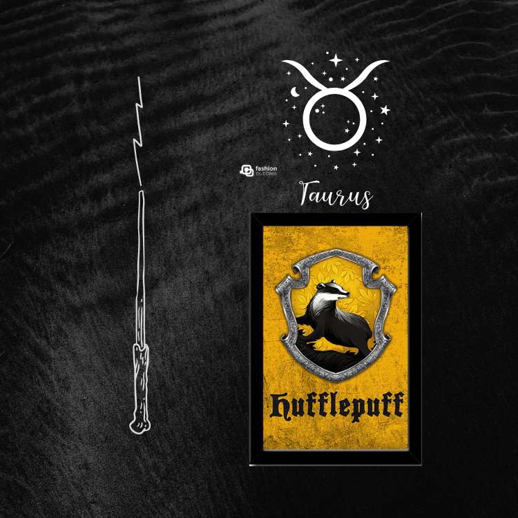 Montagem com fundo preto e desenho de varinha de Harry Potter, signo Touro e imagem da casa Lufa-Lufa