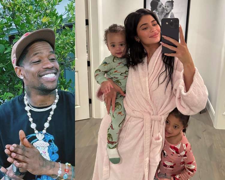 Montagem com foto do rapper Travis Scott sozinho e da famosa Kilye Jenner com suas filhas em foto no espelho