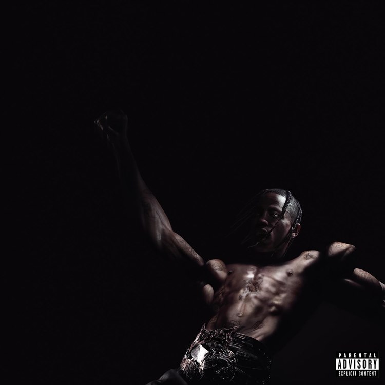 Capa do álbum Utopia de Travis Scott, Fundo preto com o rapper sem camisa