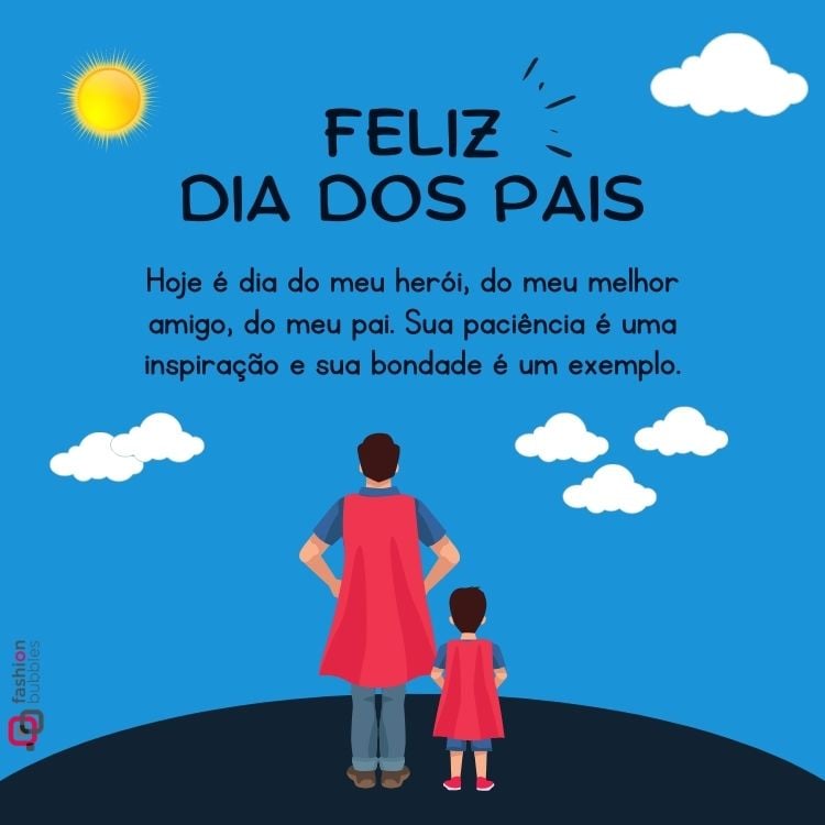 mensagem de feliz Dia dos Pais escrita sobre ilustração de pai e filho vestidos de super herói