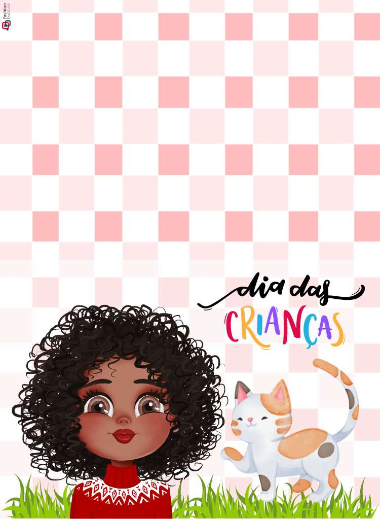 Cartão de Dia das Crianças com menina preta e gato frente e verso