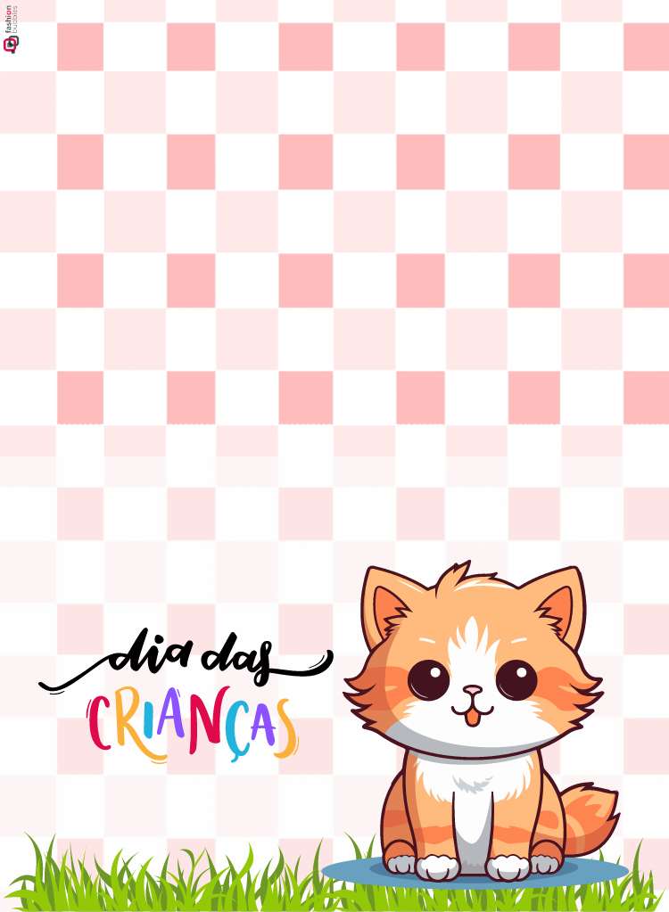 Cartão de Dia das Crianças com gato laranja frente e verso