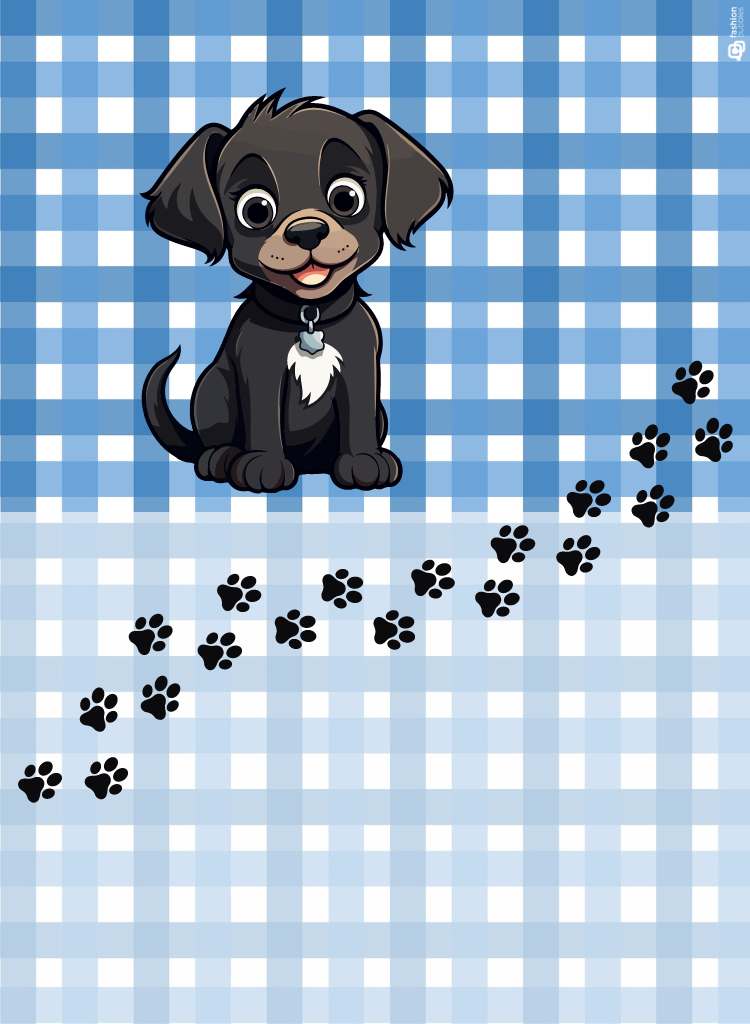 Cartão de Dia das Crianças com cachorro preto, patinhas e sem frase parte de dentro