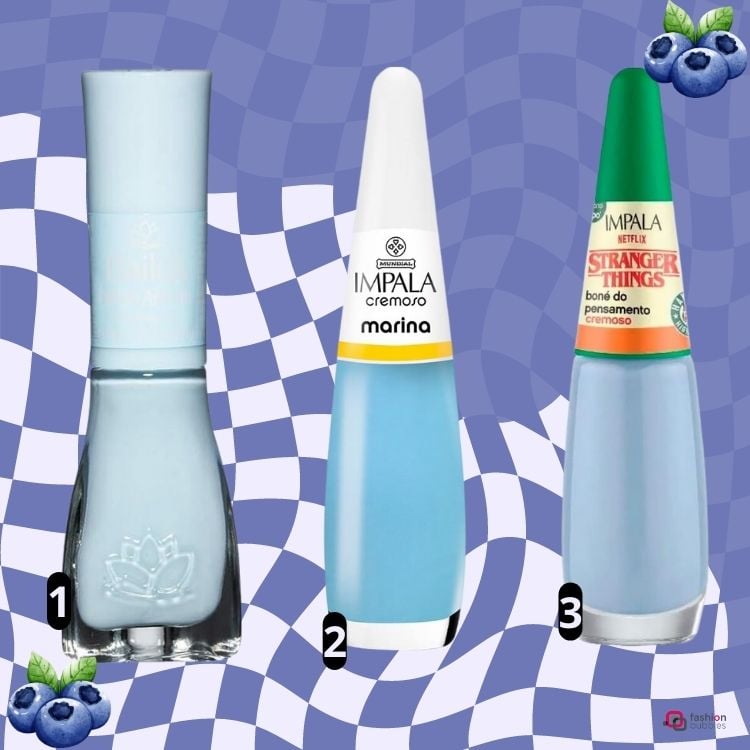 esmaltes para blueberry milk nails em fundo quadriculado azul e branco