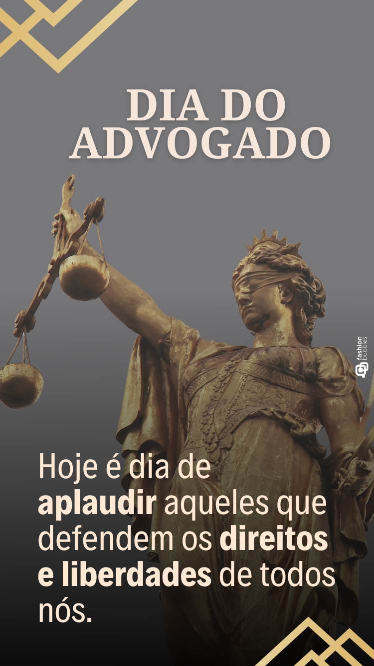 Frases de Dia do Advogado escrita em fundo cinza com estátua deusa Themis