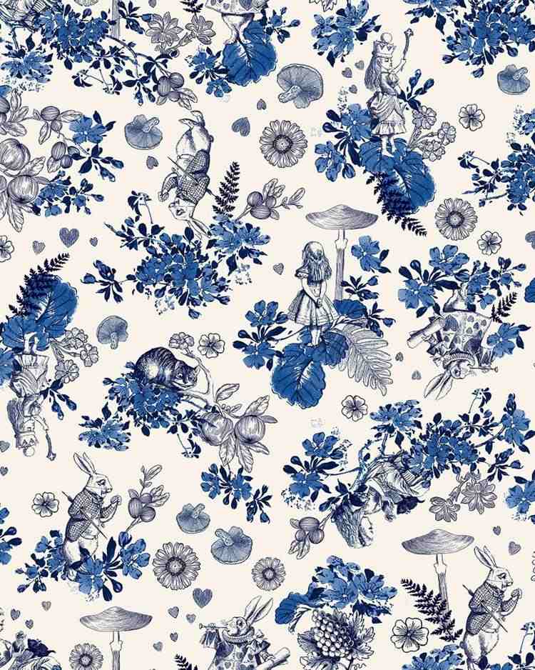 foto de estampa florida azul, fundo branco e imagens de alice